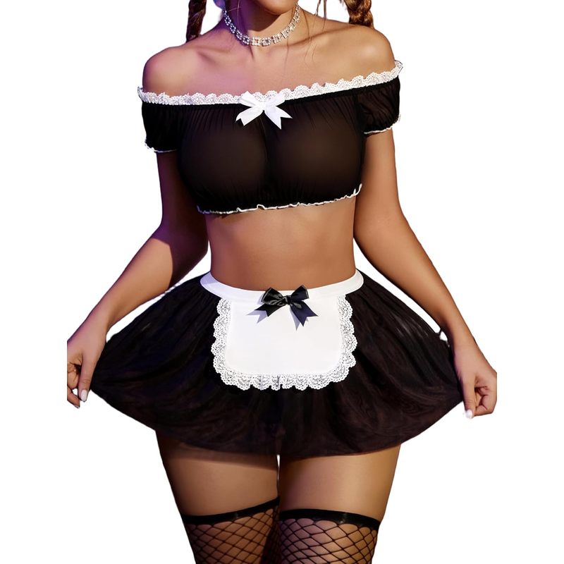 Sexy Maid Outfit Set Off-shoulder Mesh Top