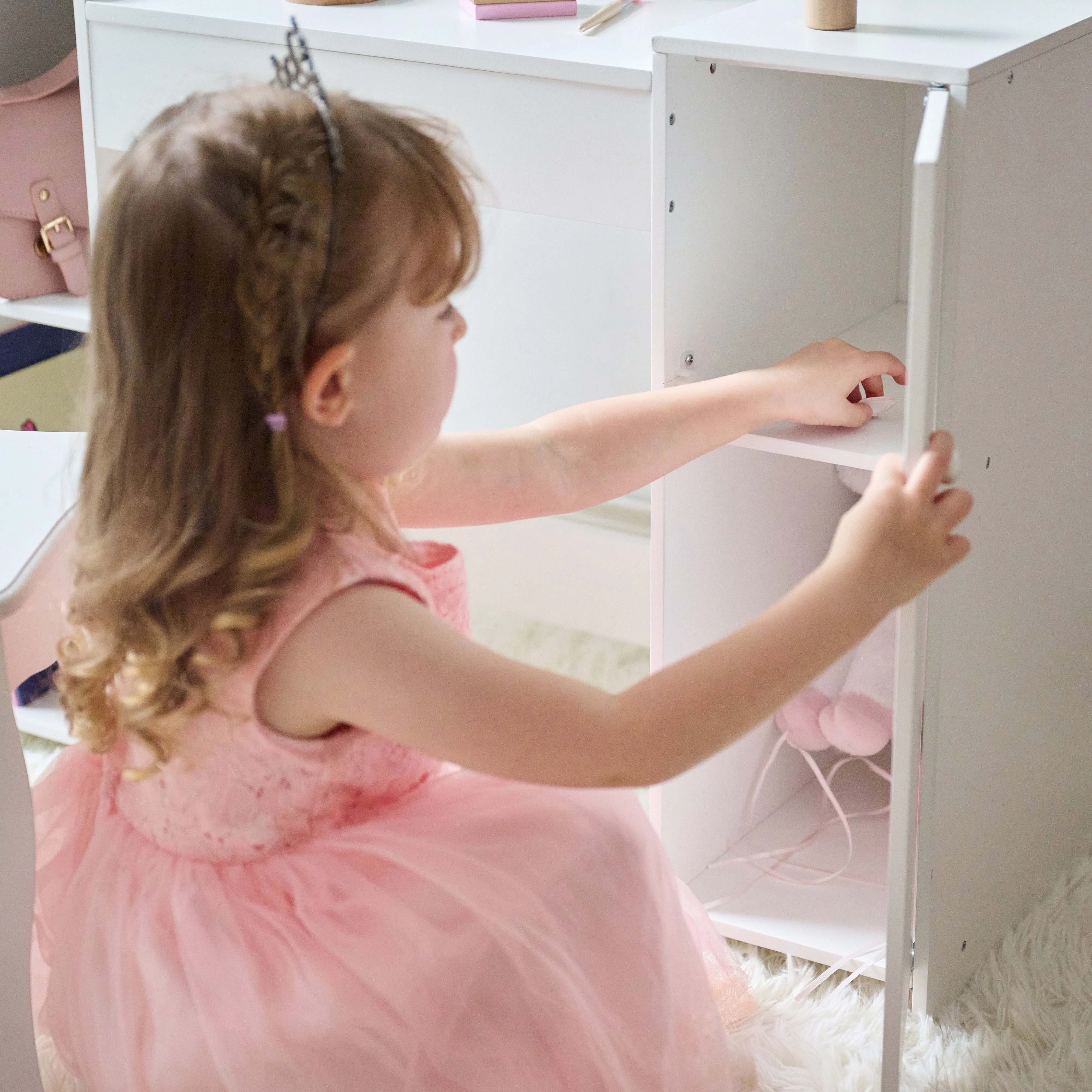 Teamson Kids 2-in-1 Wooden Vanity and Desk with LED Lights, Mirror & Stool �C Dual Purpose Play Makeup Vanity and Desk, Pretend Play for Girls Ages 3+