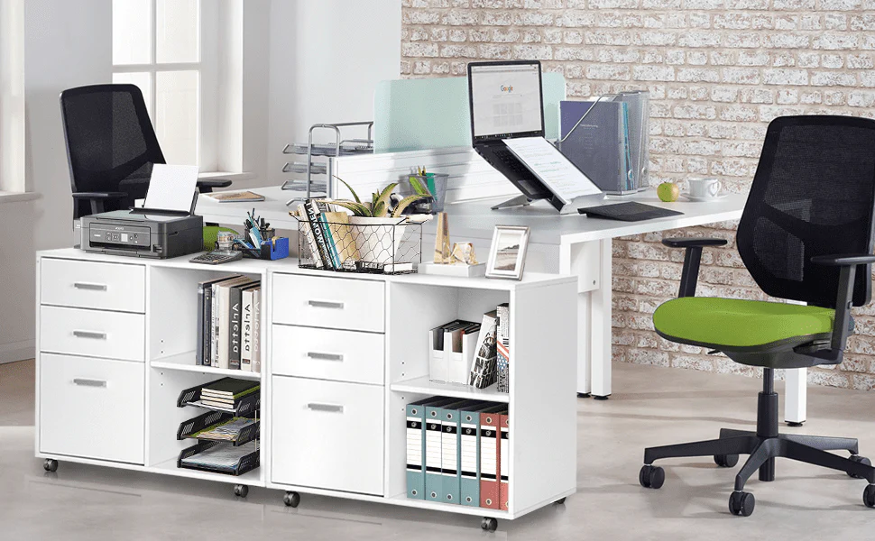 Richya Wood File Cabinet , Printer Stand with Open Storage Shelf, 3-Drawer File Cabinet, Home Office White