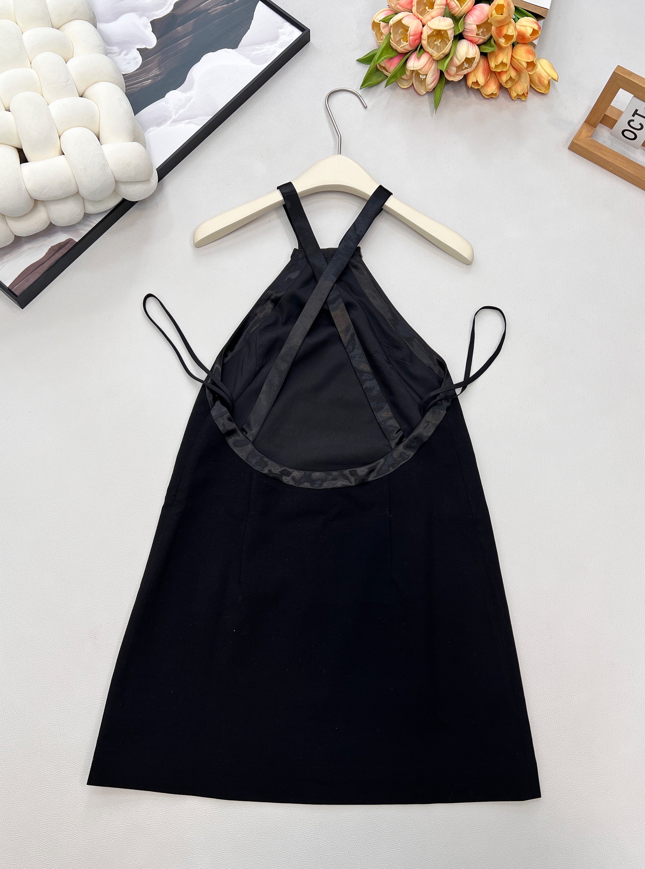 25Fw Autumn/Winter New Style Heavy-duty Bow Rhinestone Black Suspender Mini Dress