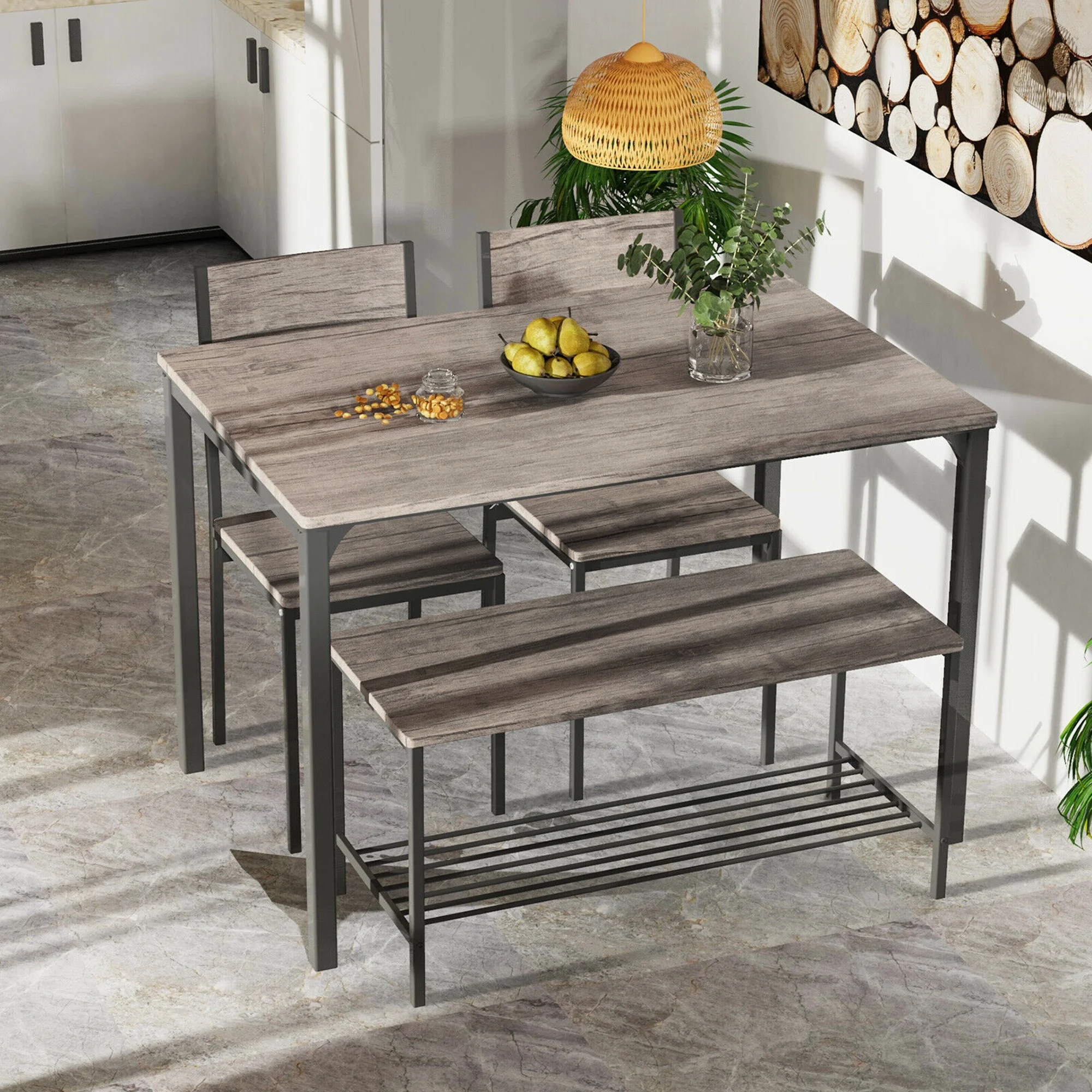 Gymax 4pcs Dining Table Set Rustic Desk 2 Chairs & Bench w/ Storage Rack Grey