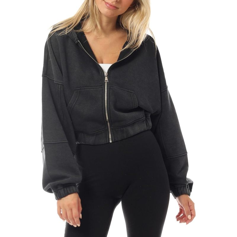 Women's Cropped Zip Up Hoodie Casual Fall Fleece Jacket