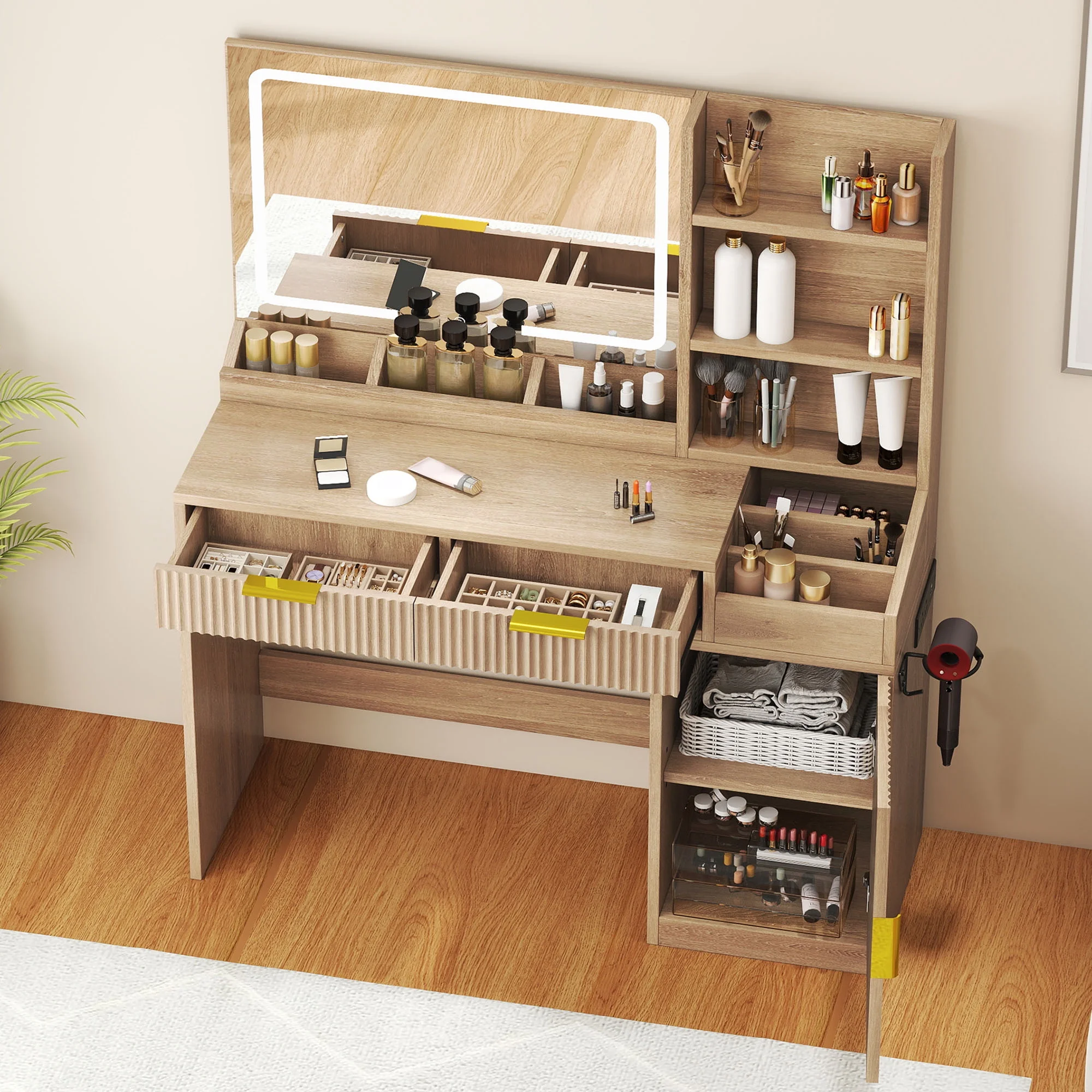 Craftian White Makeup Vanity Desk with Large Mirror and Lights, Dressing Table with 2 Storage Drawers & Power Outlets