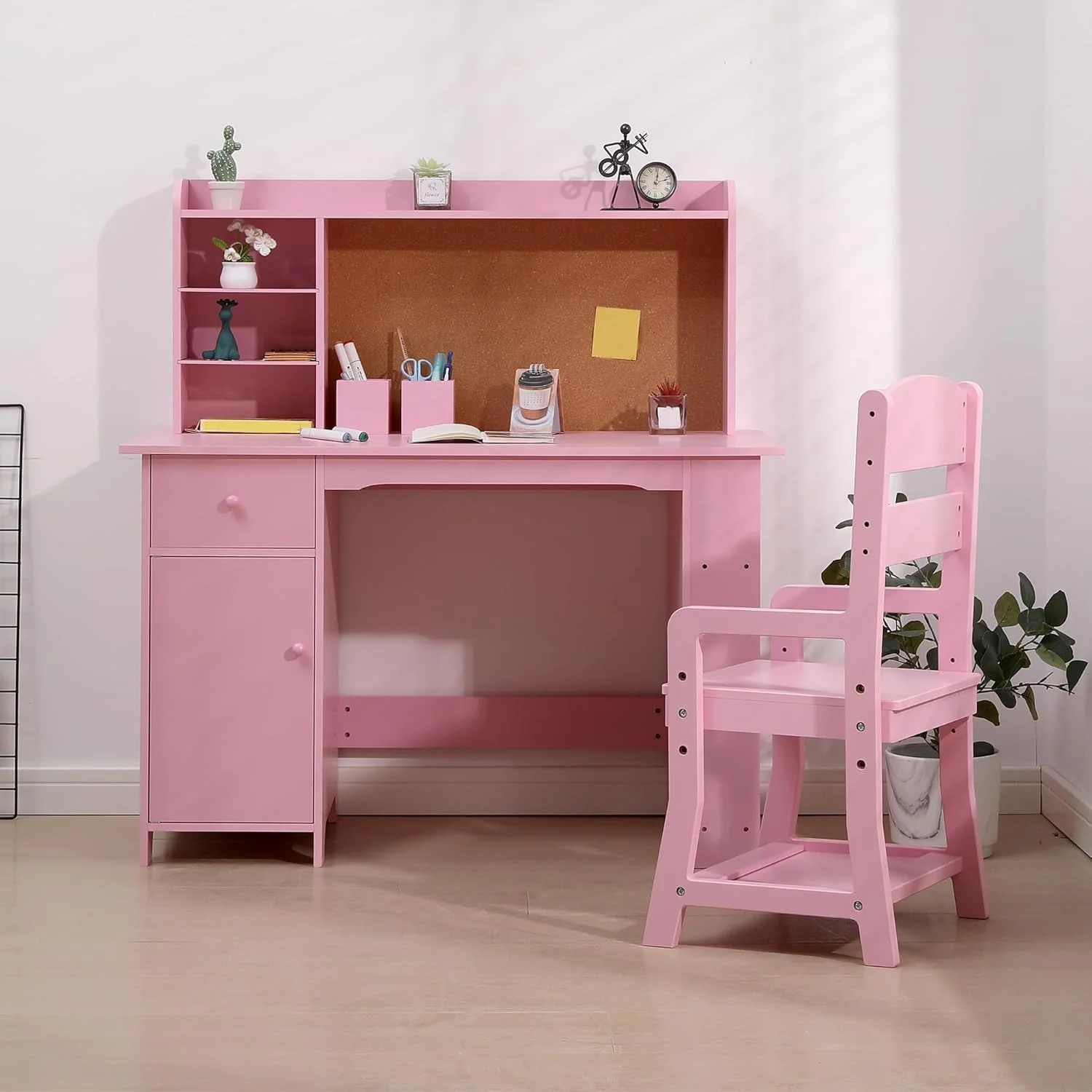 Kids Desk and Chair Set,  Study Table with Storage Shelf, Bulletin Board, Children School Learning Desk Set, Writing Table for Boys and Girls, Pink