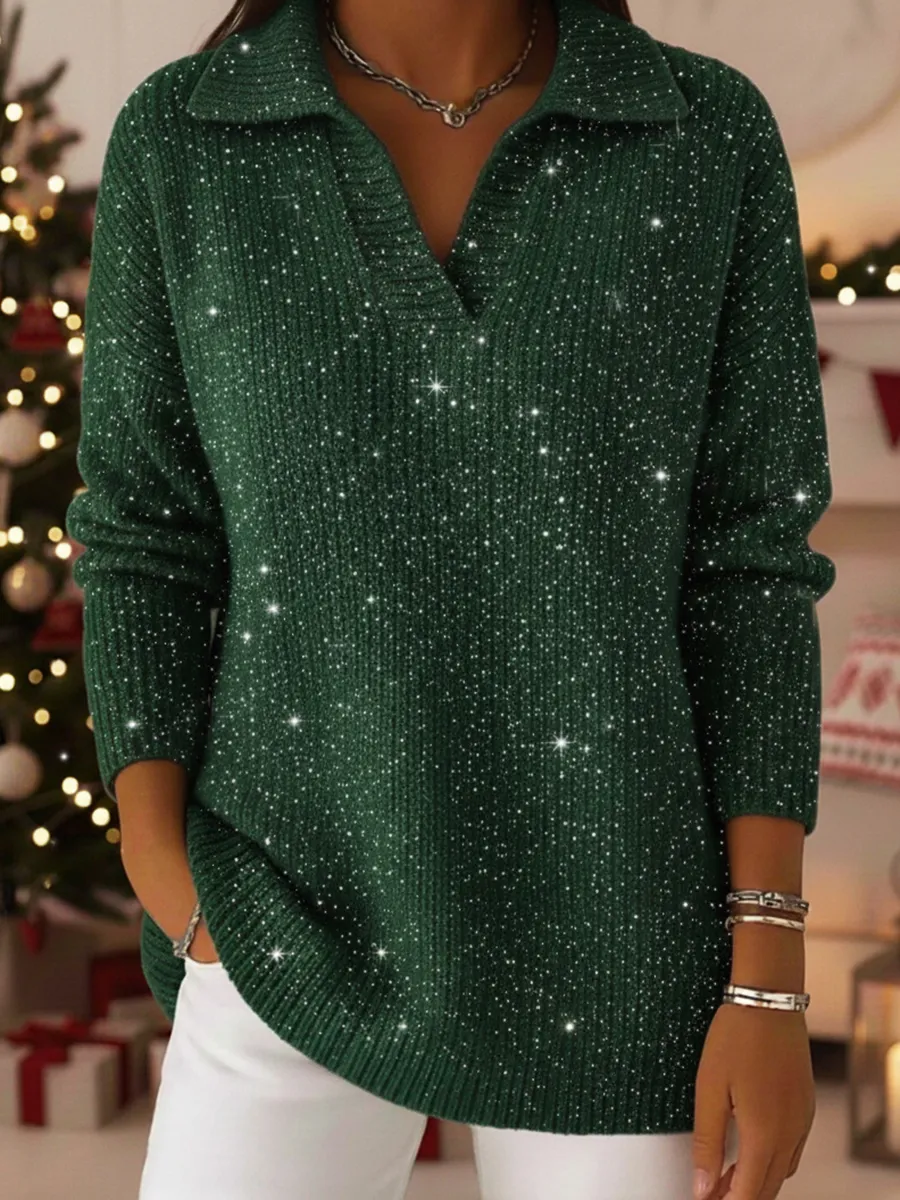 🎄 New Arrivals🔥Elegant Party Polo Collar Shiny Loose Sweater Top-Perfect for Dinners, Gatherings, Nights Out