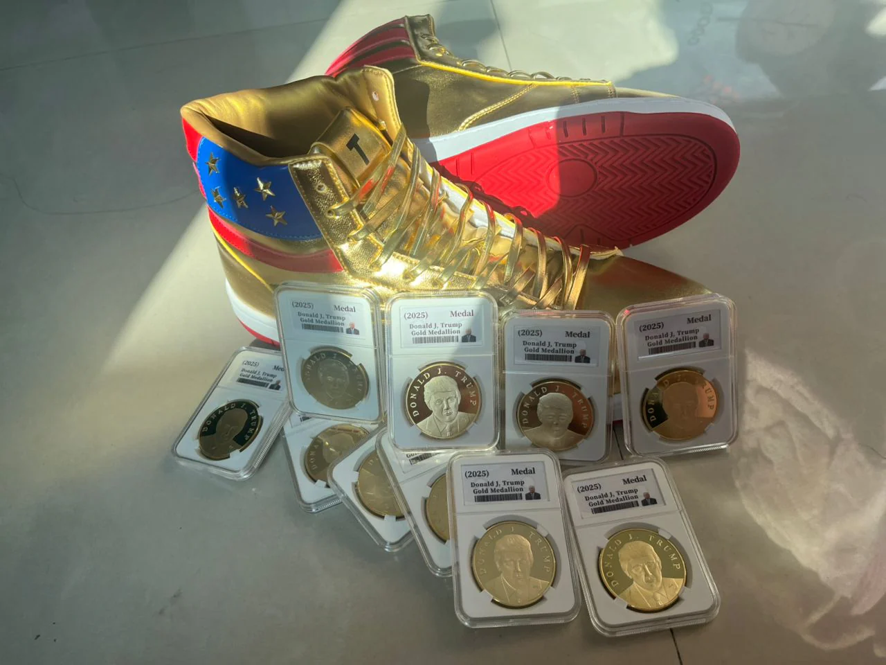 Trump High Top Sneakers +  10 x 2025 Gold Trump Coins  - Golden 47 President Bundle