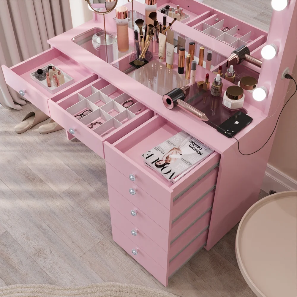 Ember Interiors Modern Large Greige Makeup Vanity Desk with Built-in Lights, Power Outlet with USB Type-C, Glass Top, 7 Drawers and Crystal Knobs