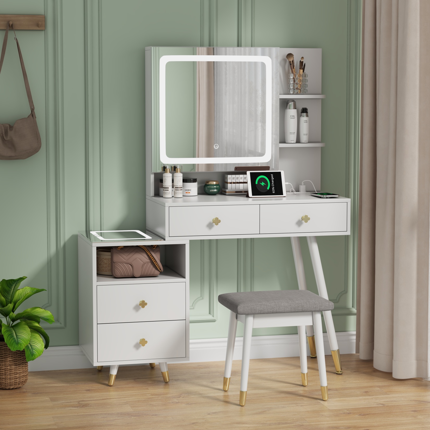 Black Bedroom Makeup Vanity Set, Vanity Desk with Light, Mirror and Cushioned Stool, Modern Makeup Dressing Table for Girls, Wife, Daughter, Mother, Adjustable Light Brightness