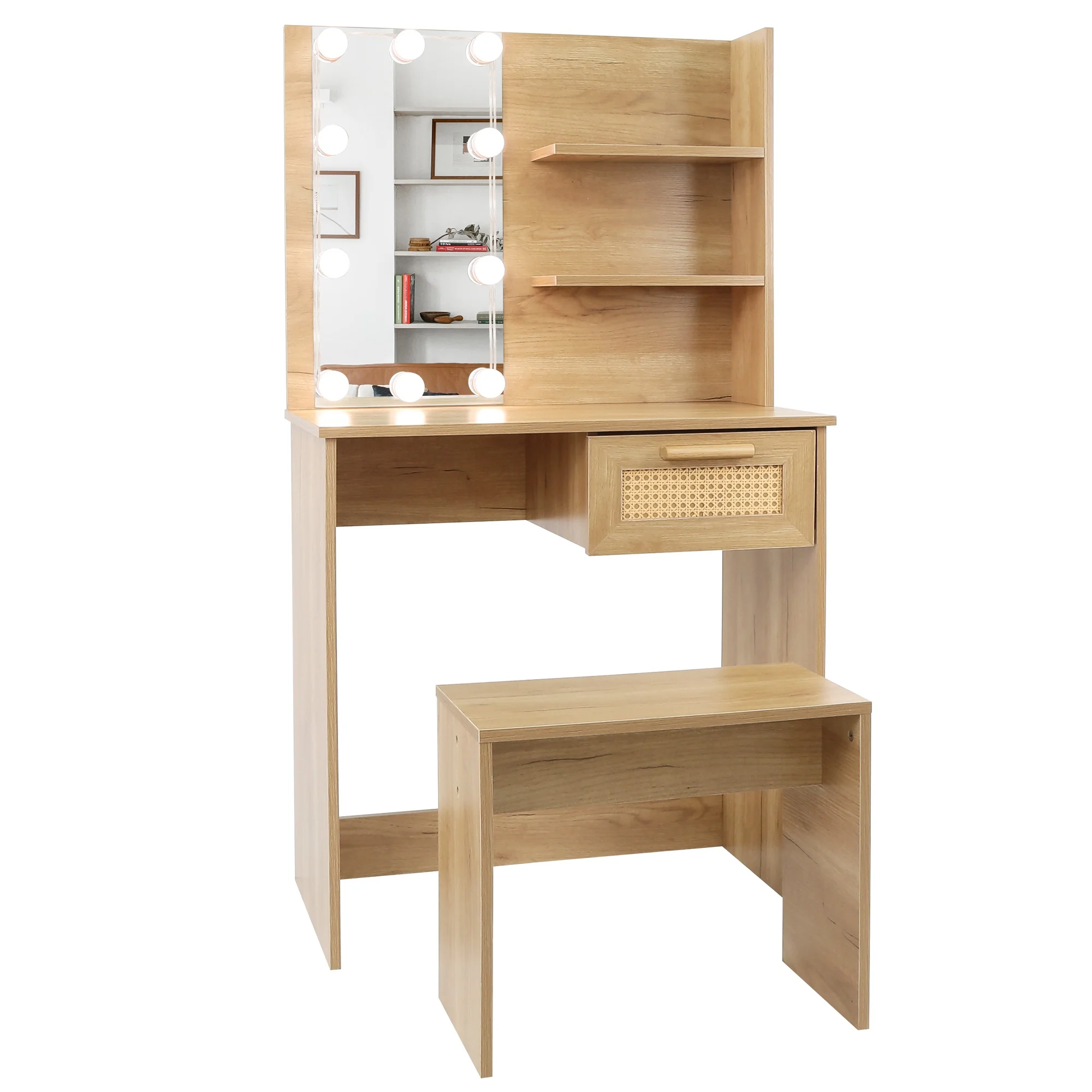 PORKISS Makeup Vanity Desk with Mirror & Lights, Vanity Table Set with Power Outlet & Hair Dryer Rack, Modern Dressing Table for Bedroom with 2 Drawers, Storage Cabinet and Storage Stool, White