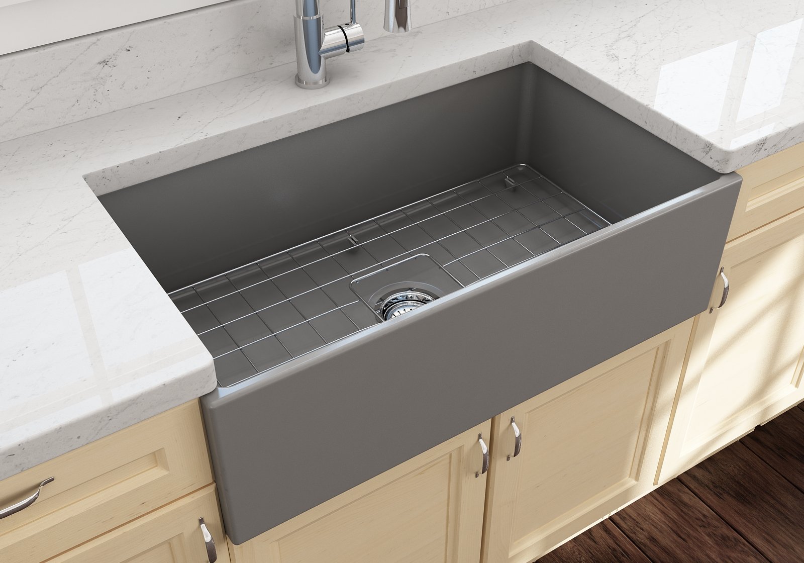 BOCCHI Contempo Apron Front Fireclay 33 in. Single Bowl Kitchen Sink with Protective Bottom Grid and Strainer in White