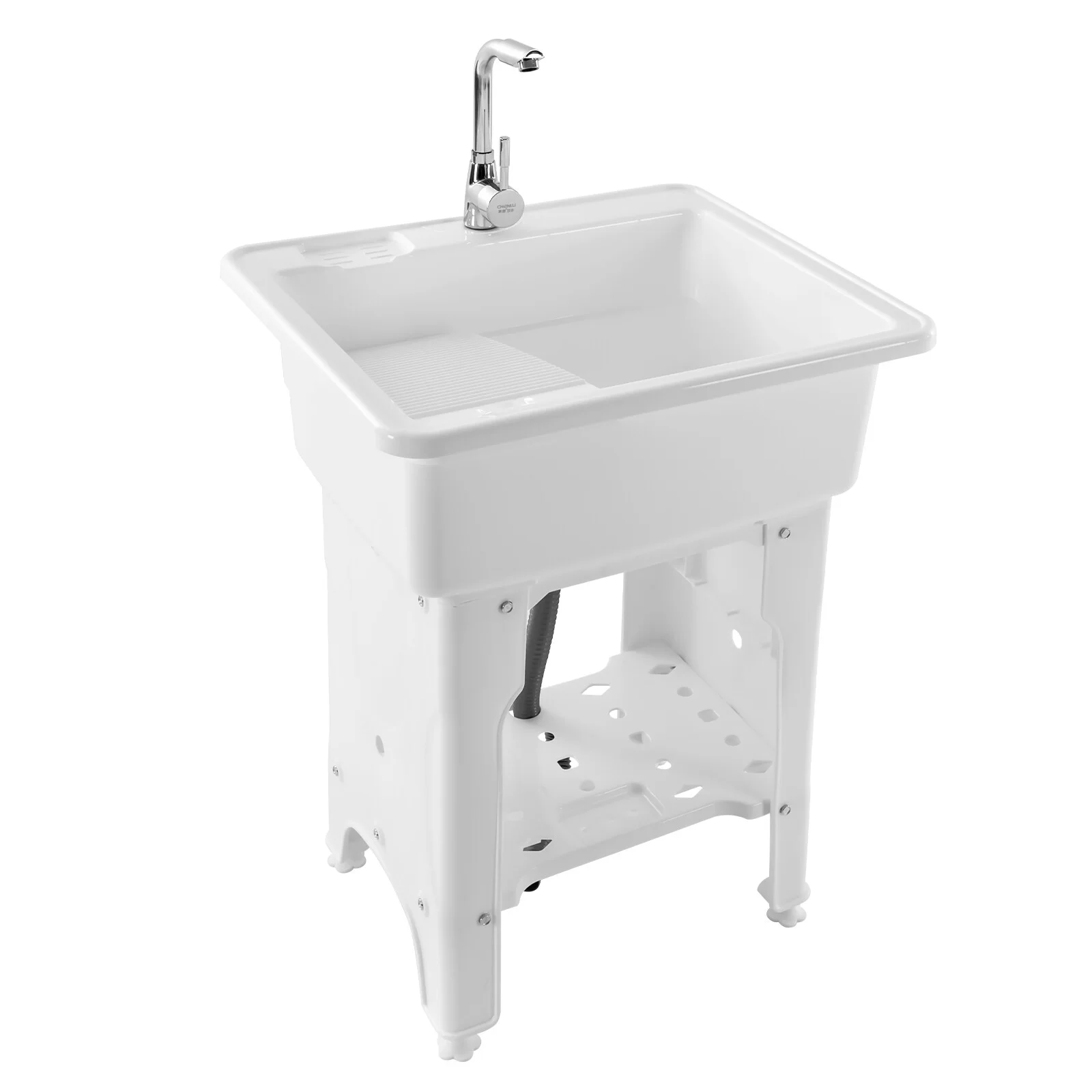 Freestanding Laundry Sink Plastic Basin Tub Utility Wash Bowl with Hot&Cold Faucet/Washboard for Sundry Rooms