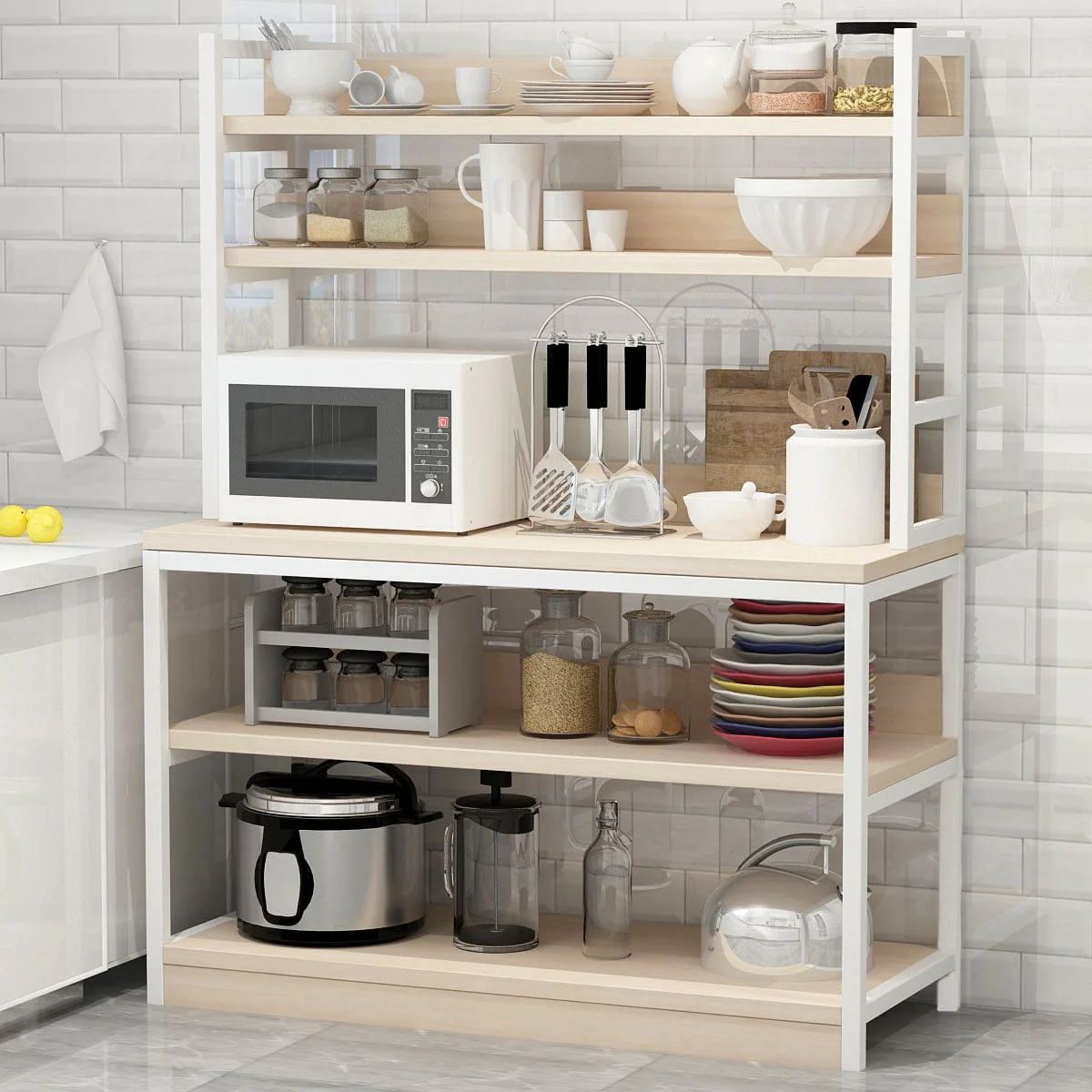 KERROGEE 5 tiers Standing Baker's Racks with Wood Table, Utility Storage Shelf, Kitchen Microwave Oven Stand Cart, Kitchen Organizer Rack, Beige