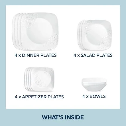 Corelle Cherish 16-Piece Embossed Square Glass Dinnerware Set (Service for 4)