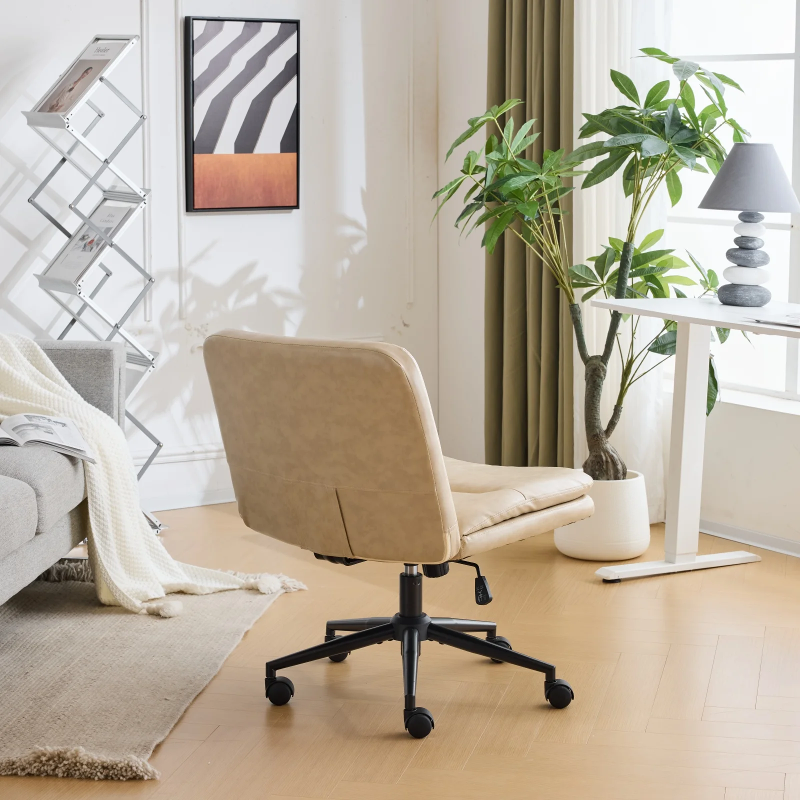 Ktaxon Armless Office Chair Swivel Study Chair Adjustable Desk Chair with Criss Cross Legs and Wheels for Conference and Home Faux Leather Gray