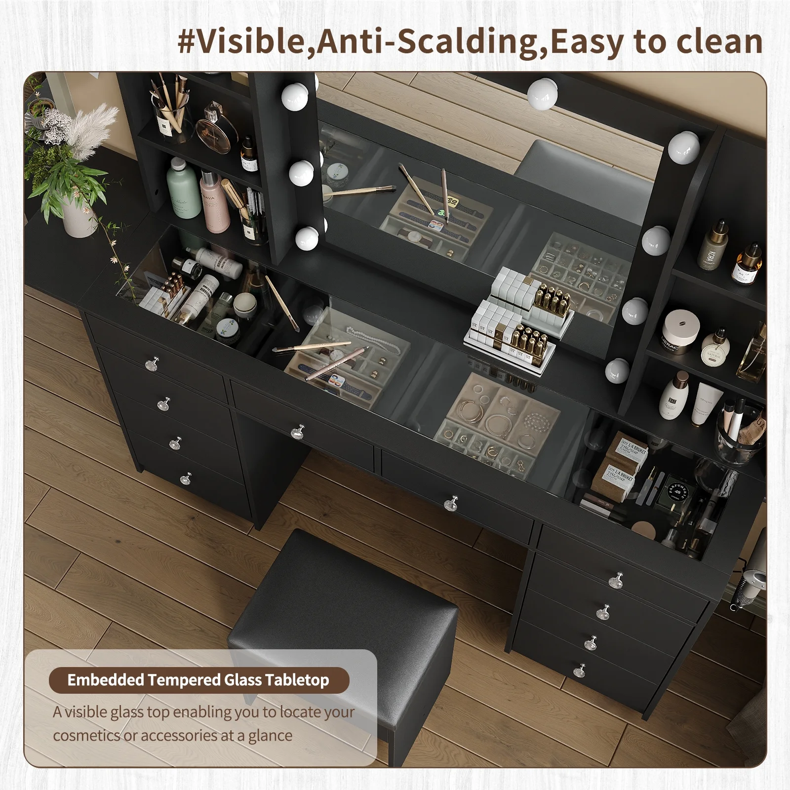 Yanosaku Vanity With Power Outlet, Vanity Desk With Mirror And 10 LED Lights, 10 Drawers Makeup Vanity With 6 Shelves, Fold-Up Panel, Vanity Table With Chair For Bedroom