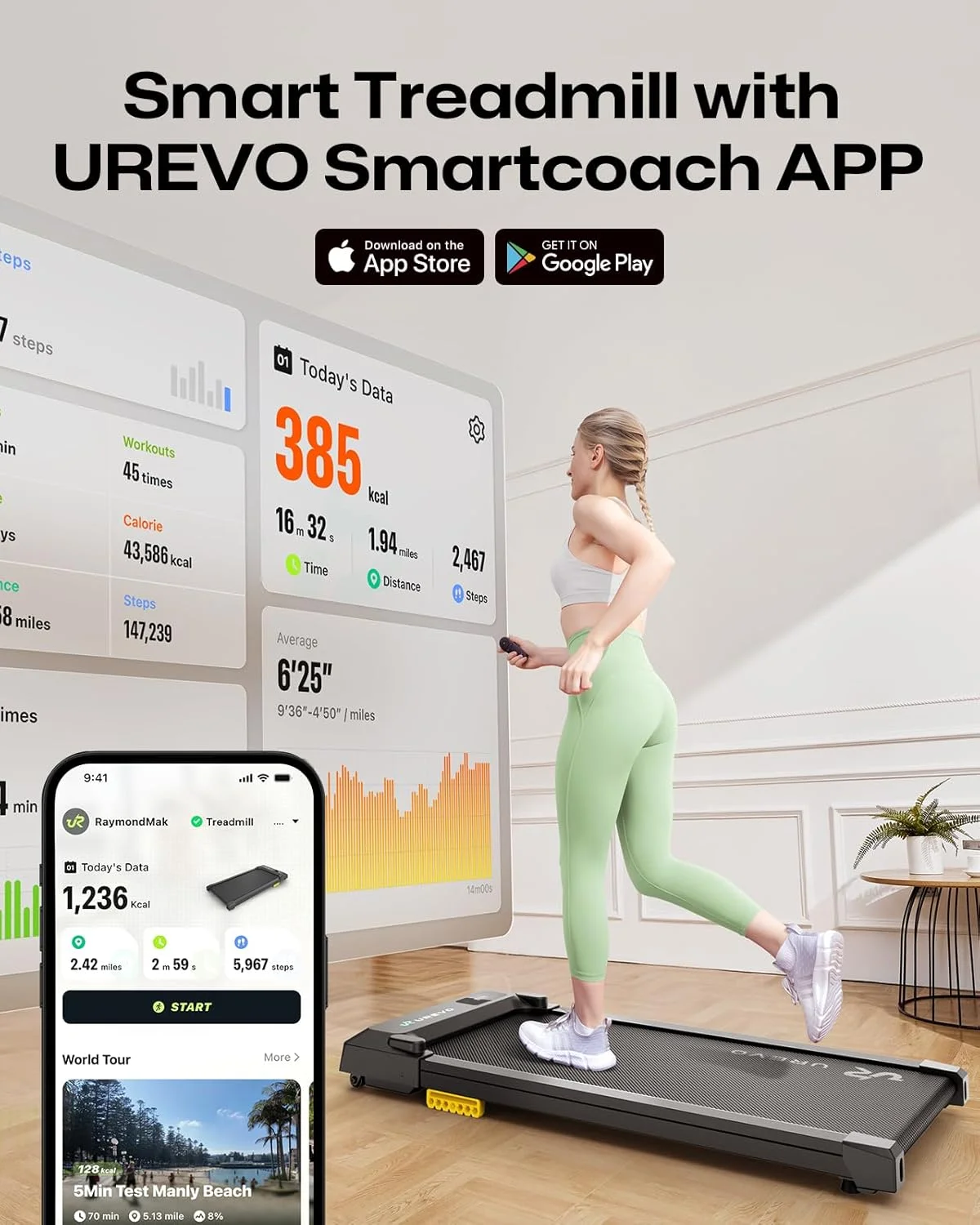 UREVO Spacewalk E1L Smart Walking Pad, Compact Under Desk Treadmill with Double Shock Absorption, Quiet Operation, Workout APP with Track Insights and MIIT Mode, Remote or APP Control for Home Office