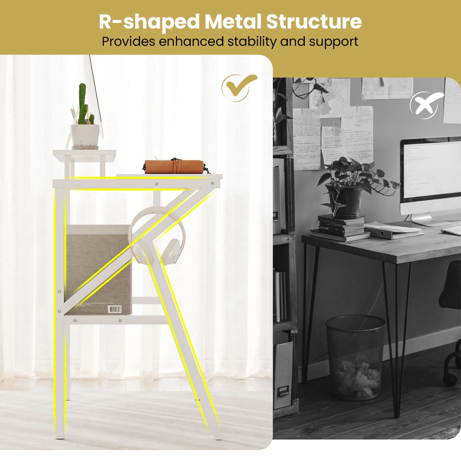 Costway Home Office Desk with Monitor Stand, Open Shelf & Metal Frame, Earphone Hook White