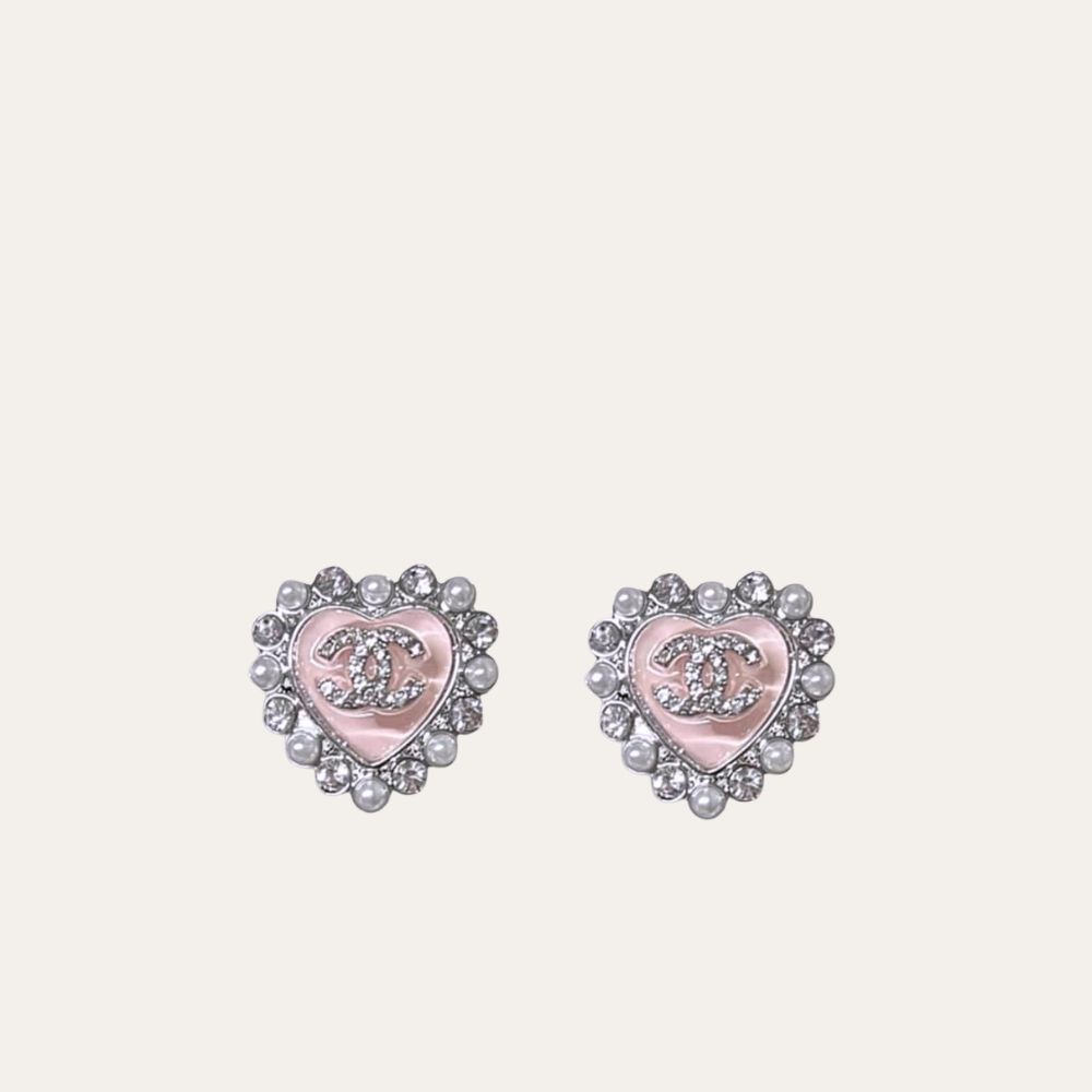 Chanel Heart Motif And Crystal Earrings Pink
