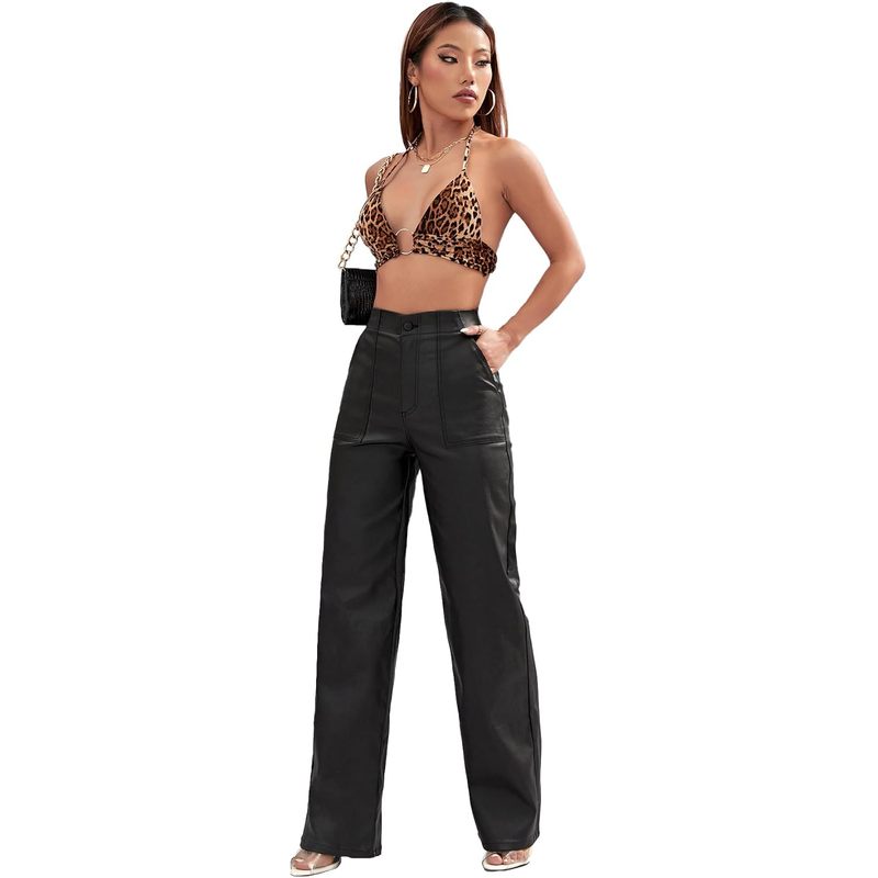 Leather Pants High Waist Coated PU Button Straight