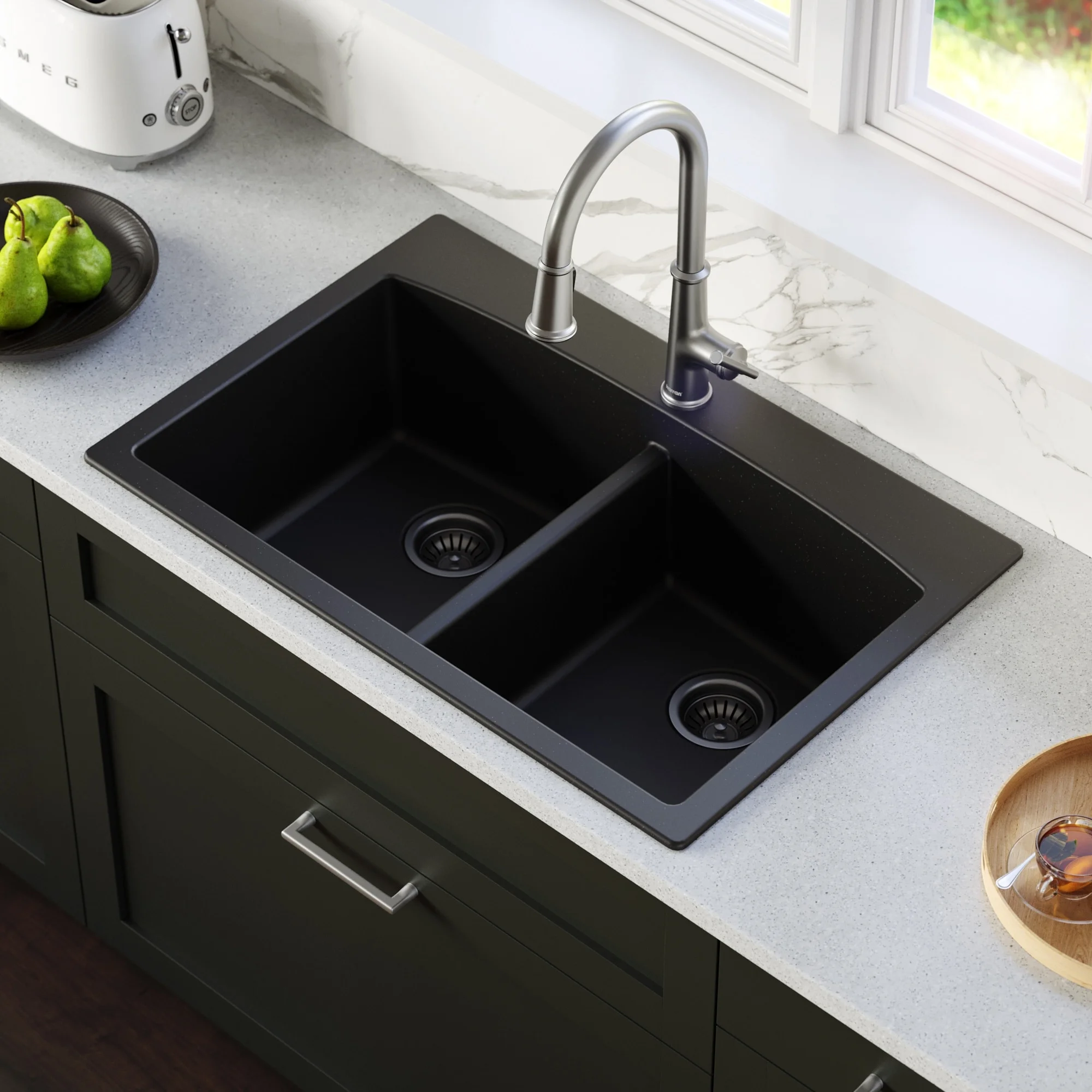 Karran QT-710-BR Brown Quartz Composite Rectangular Double Bowl Sink