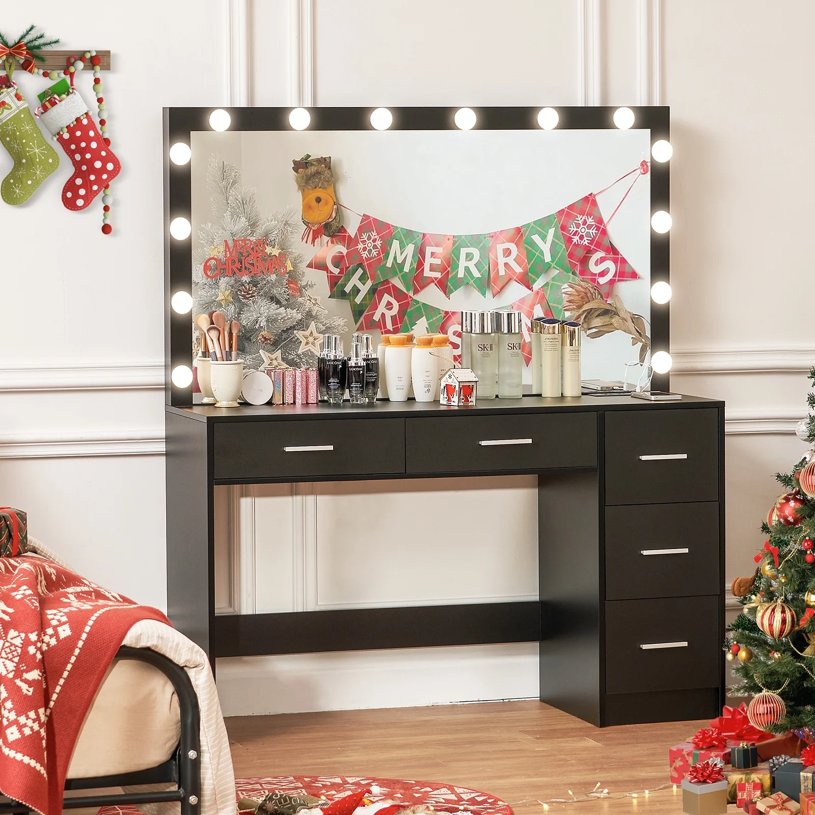USIKEY Bedroom Adjustable Makeup LED Lights Desk, and Mirror Table Set, White