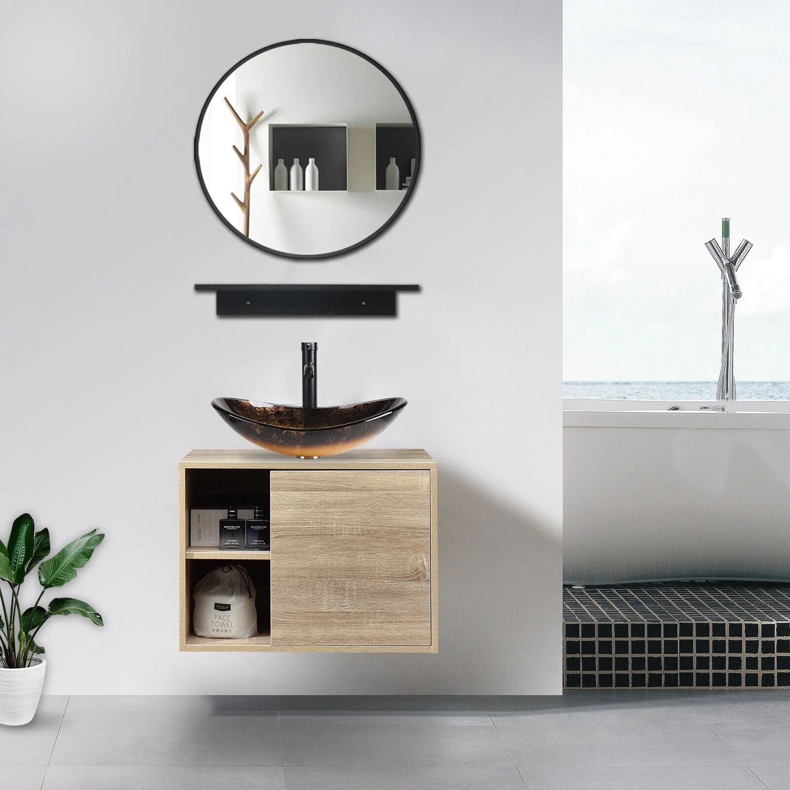 PULUOMIS Wall Mounted Bathroom Vanity Set with Mirror Storage Shelf, PVC Sheet Natural Cabinet with Black Side Panels (Cabinet + Sink)
