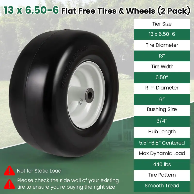 2-Pack 13 x 6.50-6 Flat-Free Tires & Wheels – Maintenance-Free Solid Rubber Design