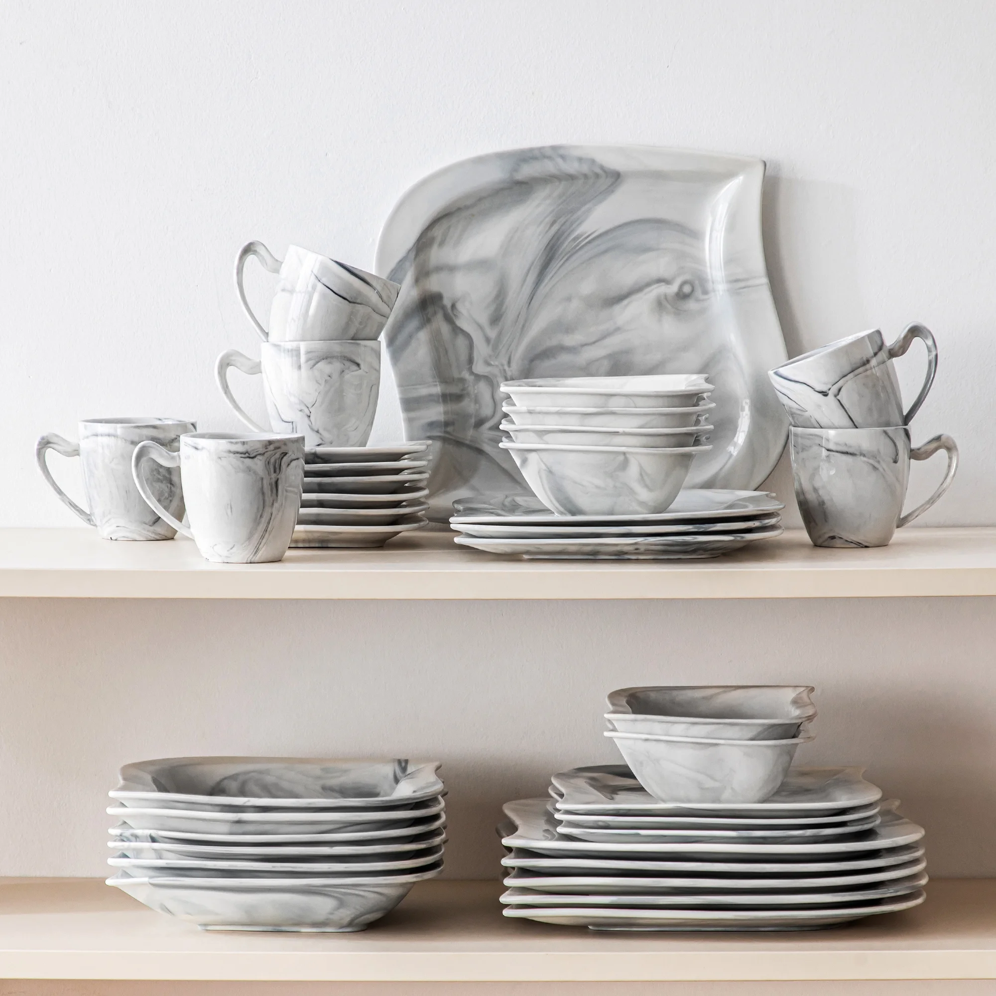 vancasso 36 pcs Dinnerware Sets, Plates and Bowls Set for 6, Porcelain Dinner Set, Marble Gray