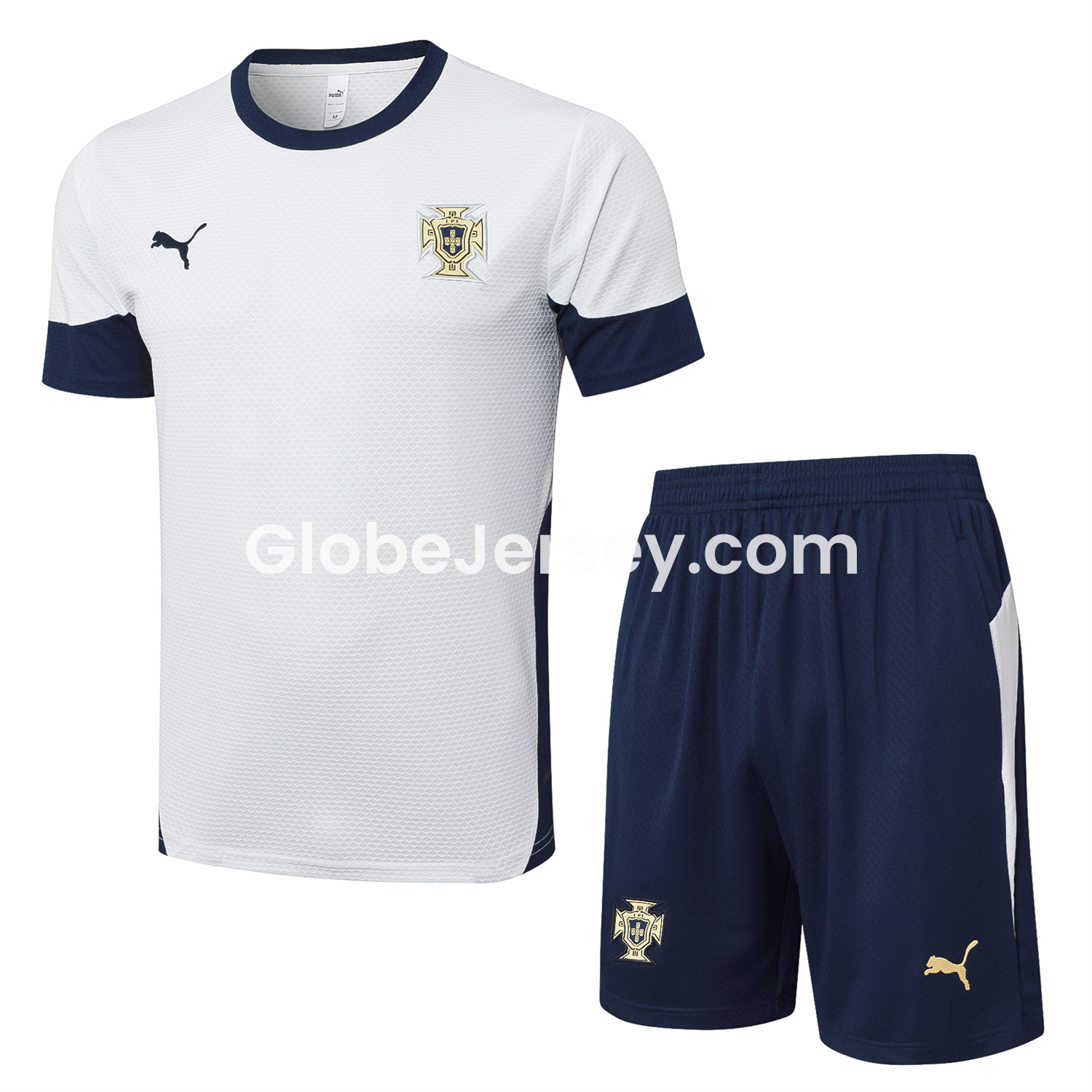 Portugal 25-26 Short-Sleeve Training Set - Off White Top and Deep Blue Shorts
