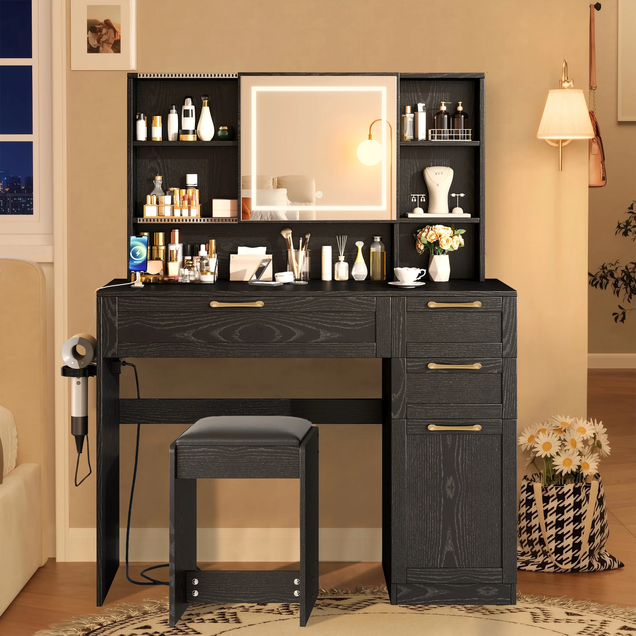 SESSLIFE 41''Vanity Set with Charging Station, Large Makeup Desk with LED Sliding Mirror, 3 Lighting Modes Adjustable Brightness, Makeup Dressing Table Set for Adults,Women, White