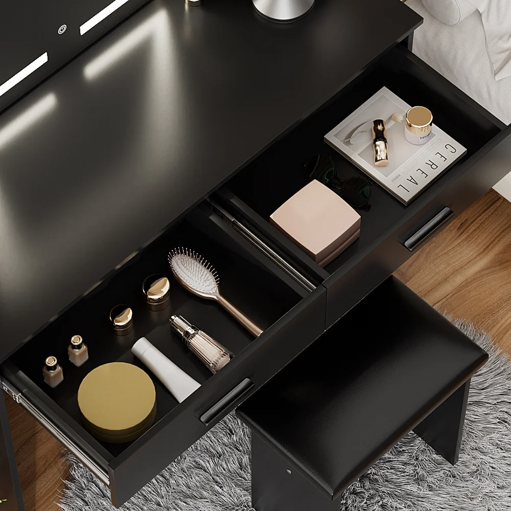 RichYa Modern Makeup Vanity Set with Lights Mirror and Drawers,White Makeup Desk,Dressing Table