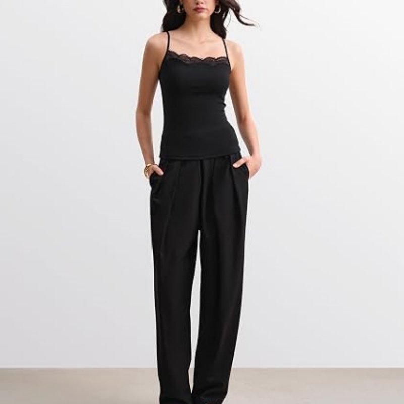 Women's Built in Bra Lace Camisole Adjustable Spaghetti Straps Tank Tops Double Lined Sleeveless Tops
