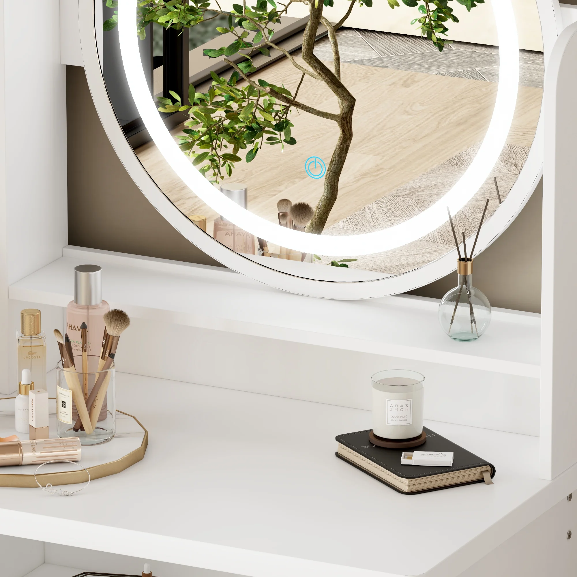 OXYLIFE Makeup Vanity Desk Table with Sliding LED Lighted Mirror, Cushion Stool, 4 Drawers and Shelves, White+Gray