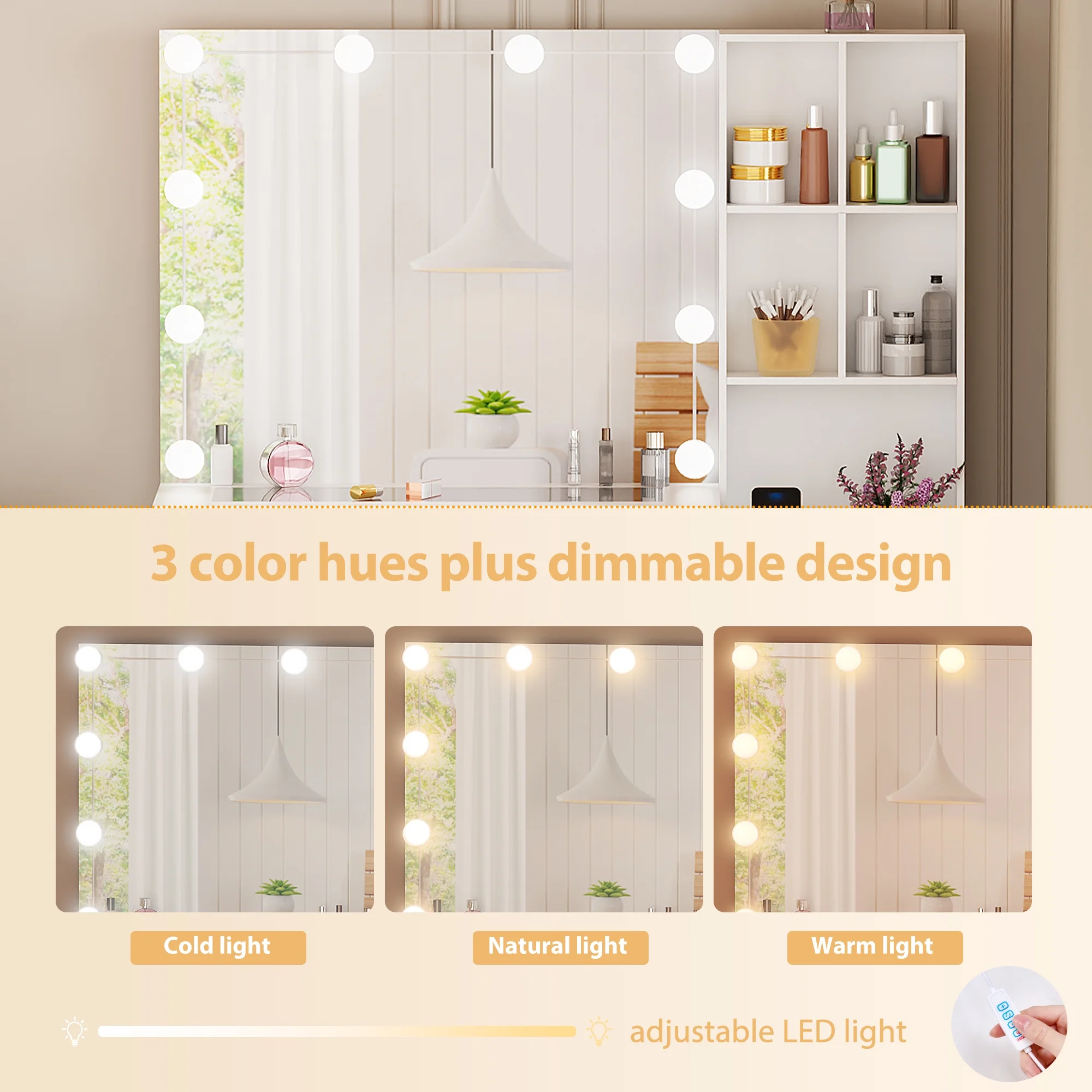 BEWISHOME White Vanity Desk with Mirror and Lights, Makeup Vanity Set with Charging Station, Large Dressing Table with Charging Station,4 Drawers