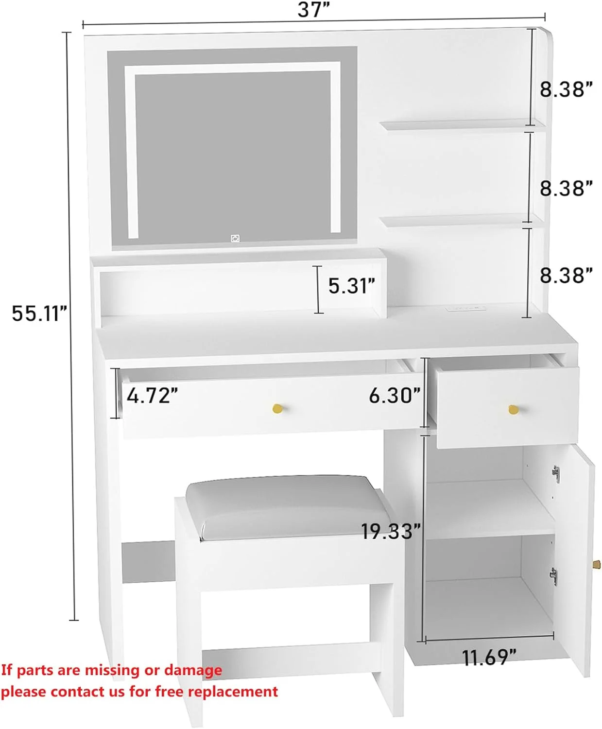 ChVans White Vanity Desk with Lighted Mirror & Charging Station, Vanity Table Set w/3 Storage Shelves,2 Drawers,Storage Cabinet & Makeup Vanity Cushioned Stool(White-37