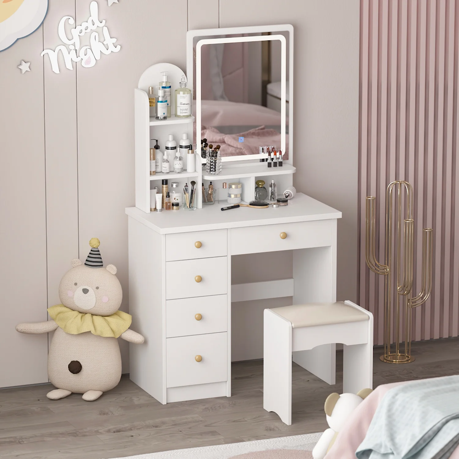 MONSLIPA Makeup Vanity Desk Set w/ Light, Sturdy Dressing Vanity Table with Bench, Shelves & Drawers
