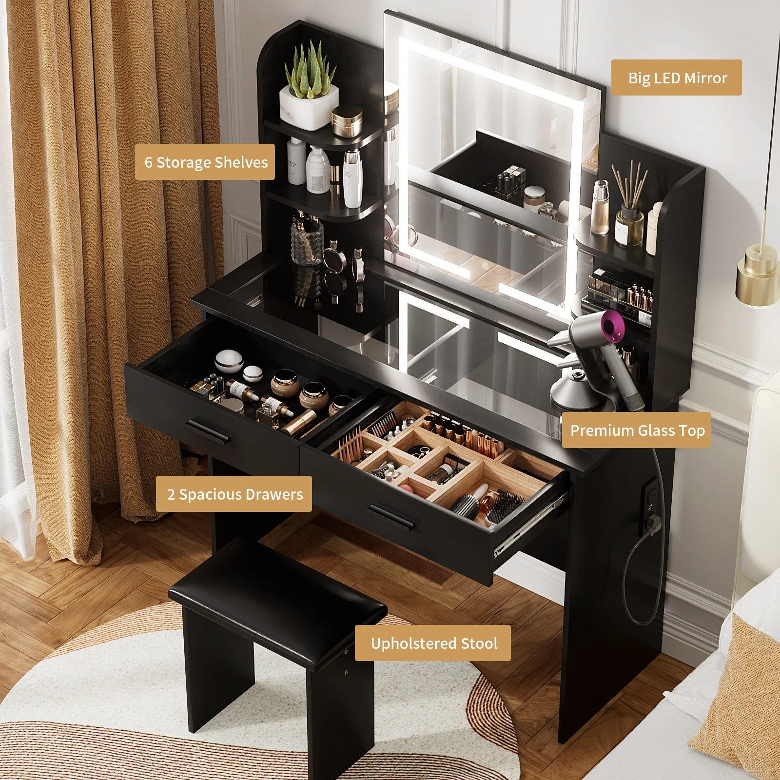 RichYa Modern Makeup Vanity Set with Lights Mirror and Drawers,White Makeup Desk,Dressing Table