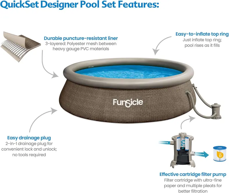 12ft Round Above-Ground Inflatable Pool – Easy-Setup Top-Ring Design. Includes Filter Pump & 36in Wall Height