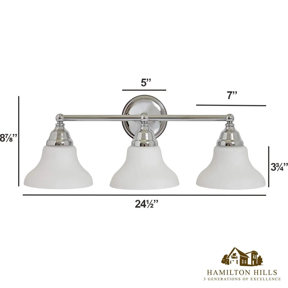 Triple Fanned Glass Shade Light Classic Polished Silver Vanity Fixture LED