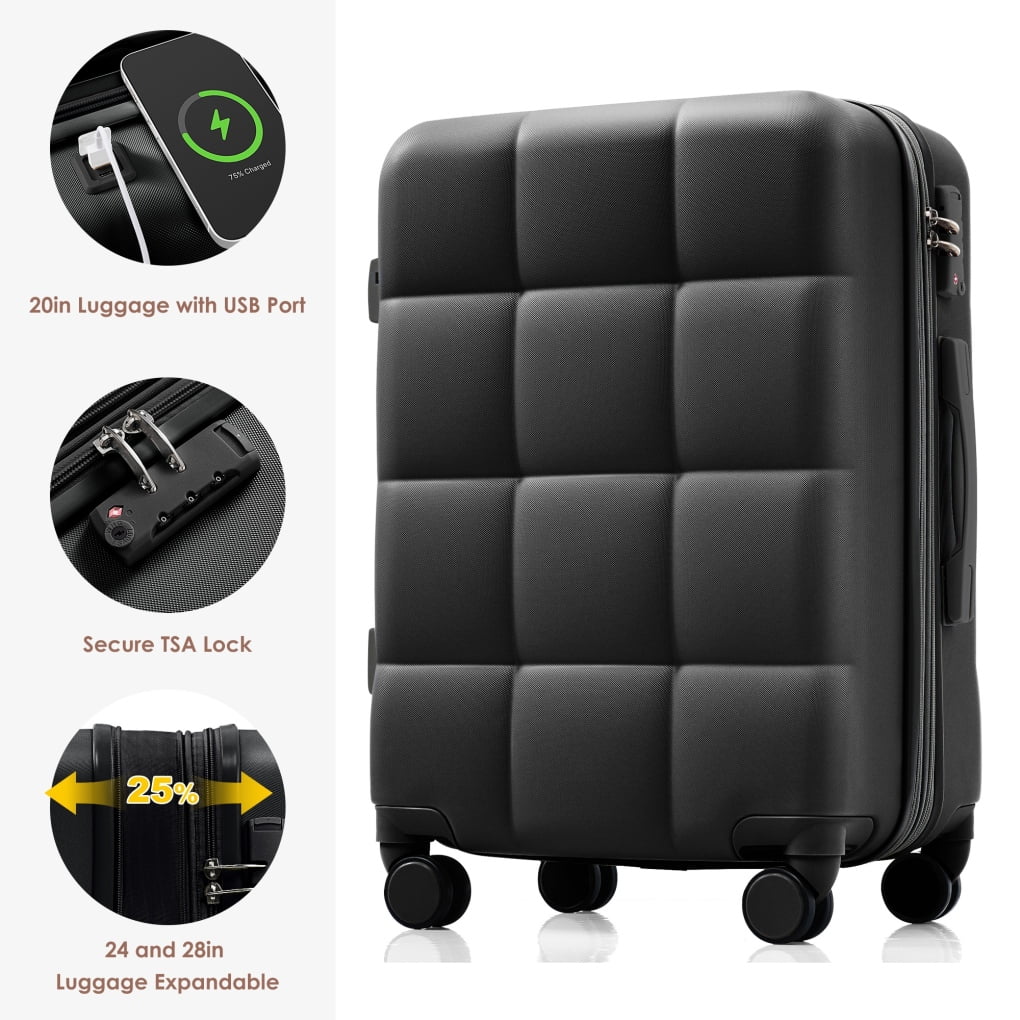 Luggage Sets 4 Piece, Expandable Suitcase Set with USB Port and Cup Holder, ABS Hardshell Carry on Luggage with Spinner Wheels and TSA Lock (20in24in28in), Black