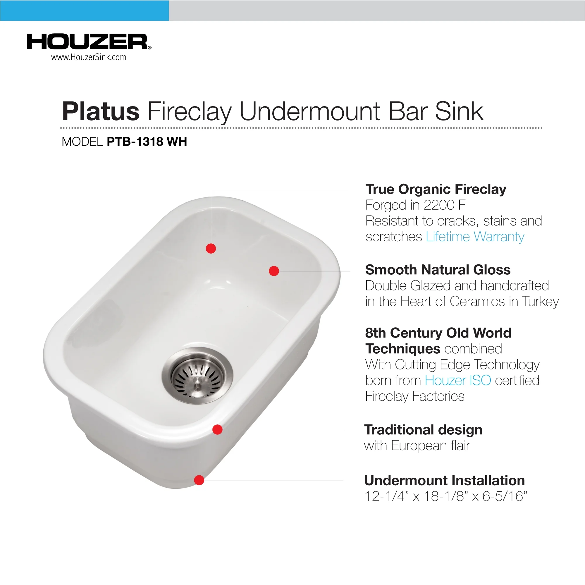 Houzer Platus 13 in White Fireclay Undermount Rectangle Single Bowl Bar Sink - PTB-1318 WH