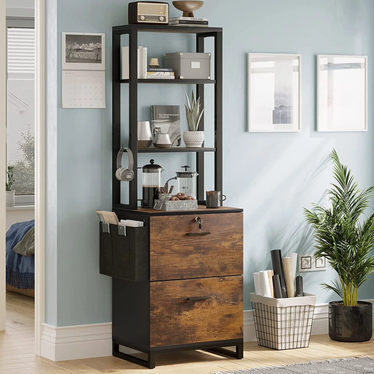 Itaar 2 Drawer File Cabinet with Lock, Filing Cabinet fits Letter, Legal, A4 Size, Hanging File Folders, File Cabinets with Adjustable Storage Shelf and Hook, Rustic Brown
