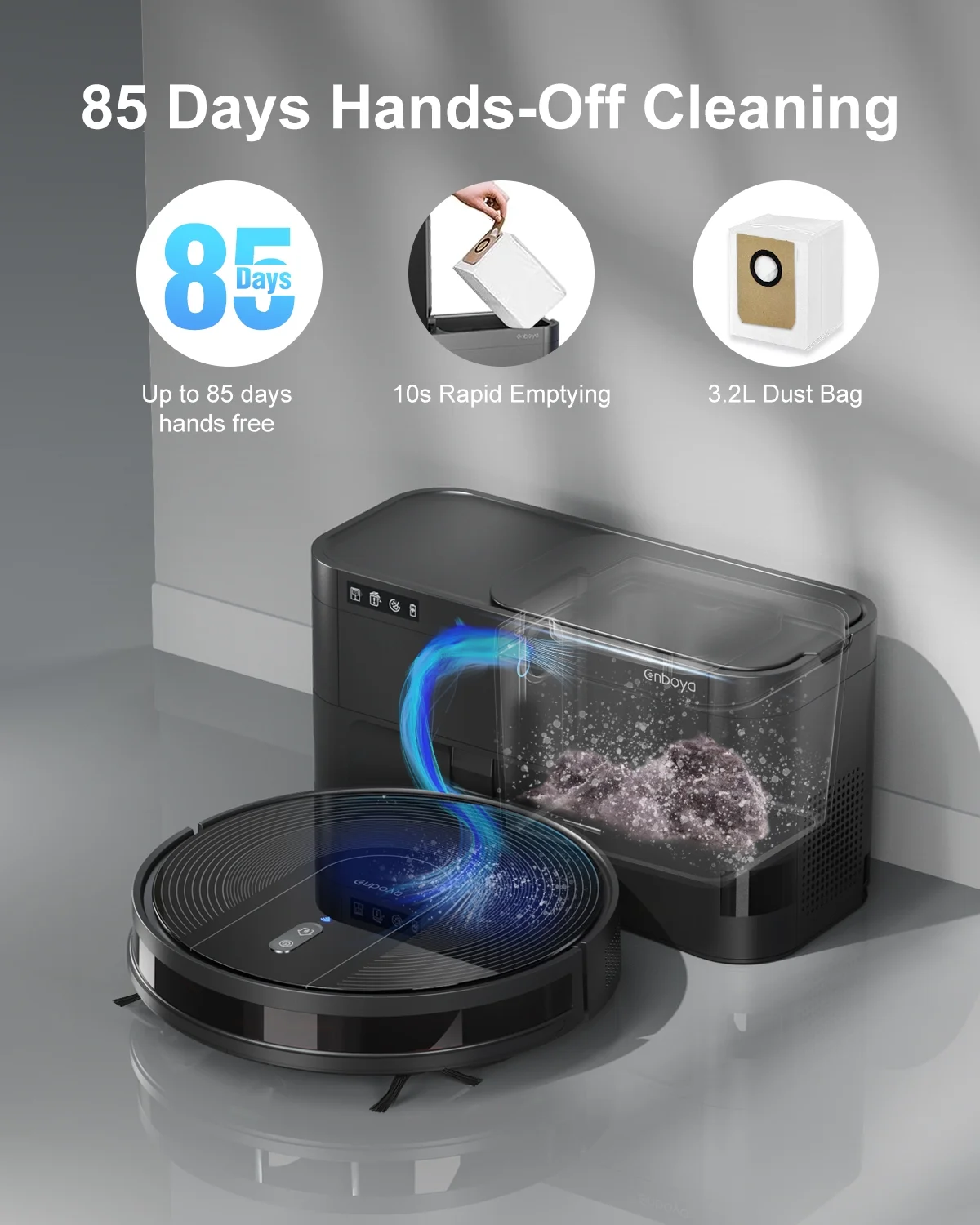 Enboya D60+ Robot Vacuum Cleaner - Self-Emptying Base, 9000Pa Suction, Wi-Fi/App/Voice Control, Smart Vacuum