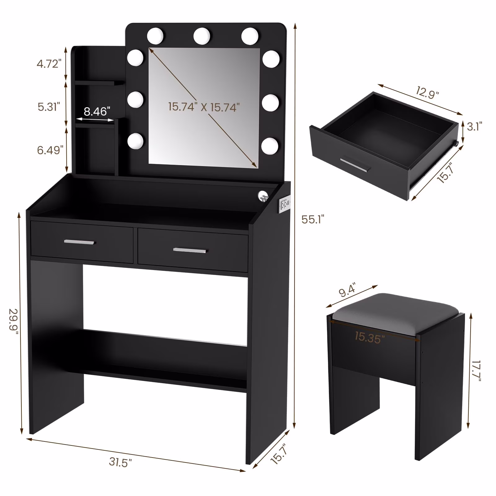Yeshouse Vanity Desk with Mirror and Lights, White Makeup Vanity with 2 Drawers, 3 Light Mode and Brightness Adjusted, Makeup Table for Bedroom, Desk and Chair