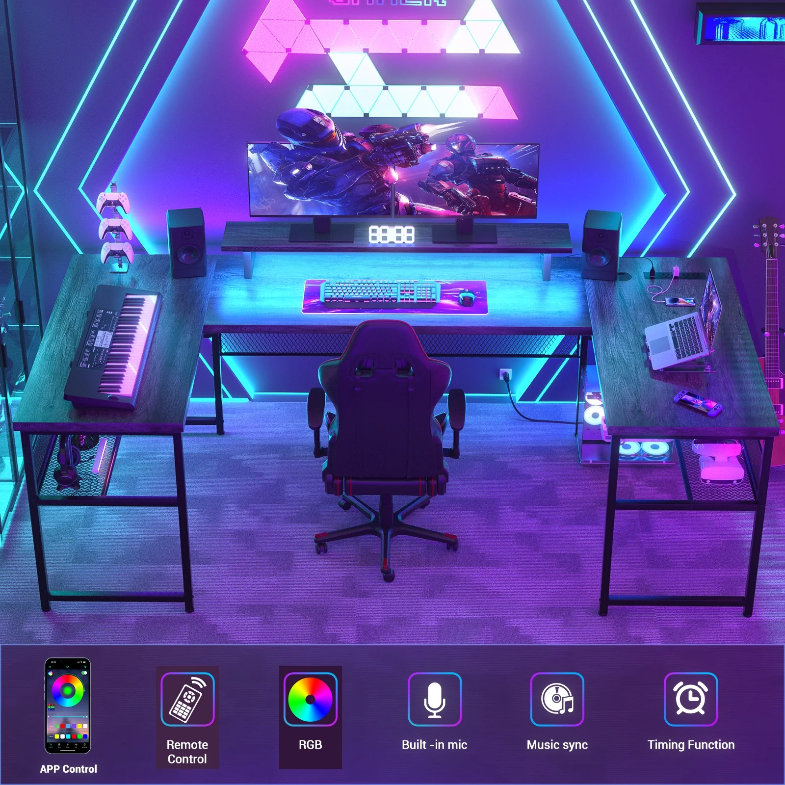 Homieasy U Shaped Desk with Power Outlet and LED Strips, 129.9'' Ergonomic L-Shaped Gaming Desk with Monitor Stand, Reversible Corner Computer Desk with Storage Shelf for Home Office, White Oak