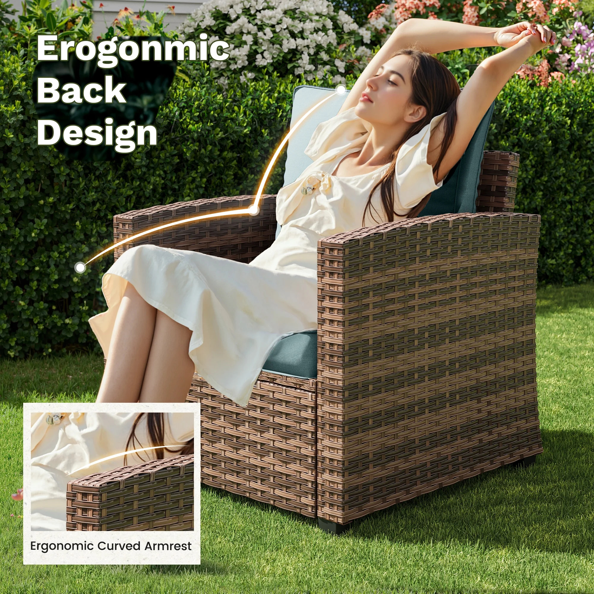 POTEBAN Patio Furniture Set, 7 Pieces Outdoor Sectional Sofa Couch with Chairs, Ottomans and Comfy Cushions, All Weather Wicker Rattan Patio Conversation Set for Garden Backyard Dark Grey