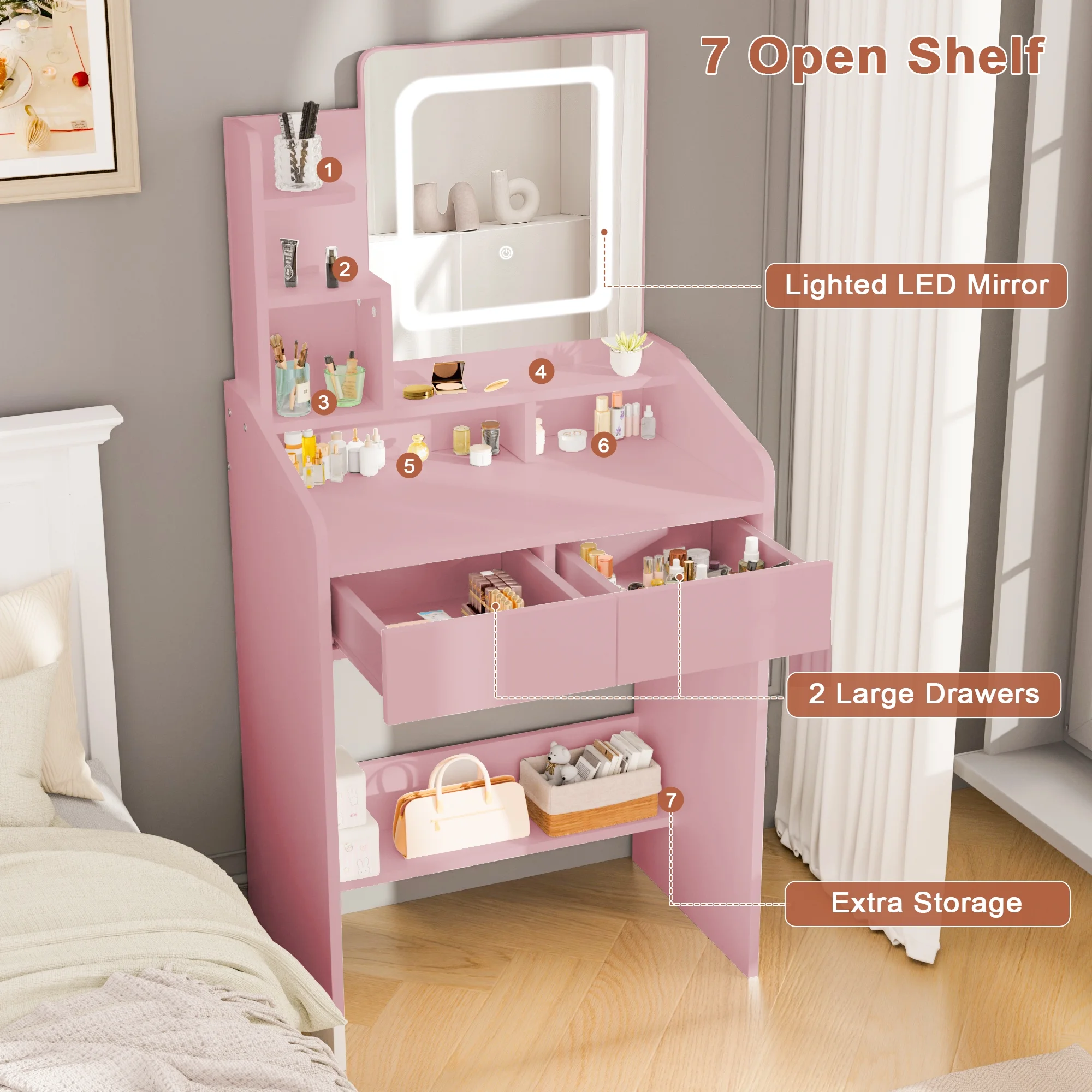 LIVELYGLOW Vanity Desk Set with Square Mirror and Light- Small Vanity Table with Drawers- White