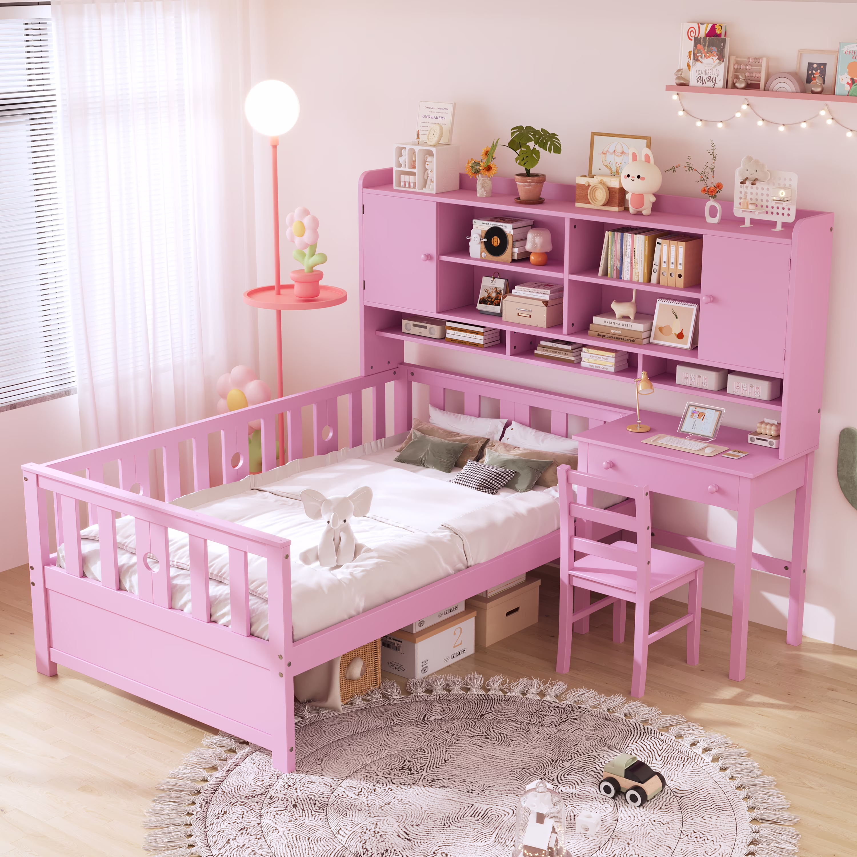 Euroco Wood Twin Size Platform Bed with Desk and Shelves, Table and Chair Set for Kids, Natural