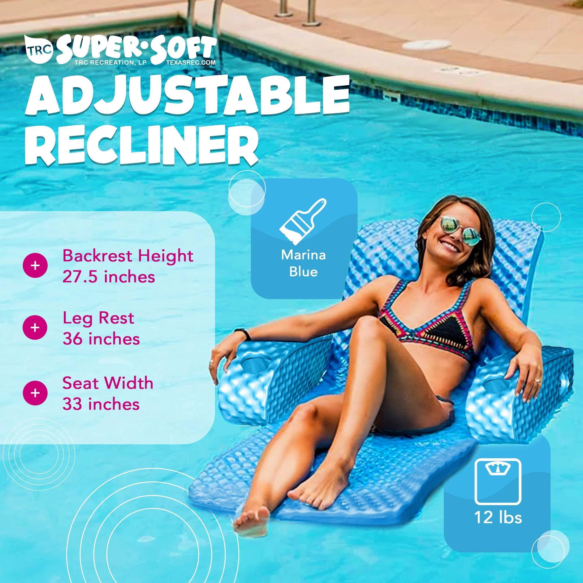 TRC Recreation Super Soft Adjustable Pool Recliner Float, Marina Blue