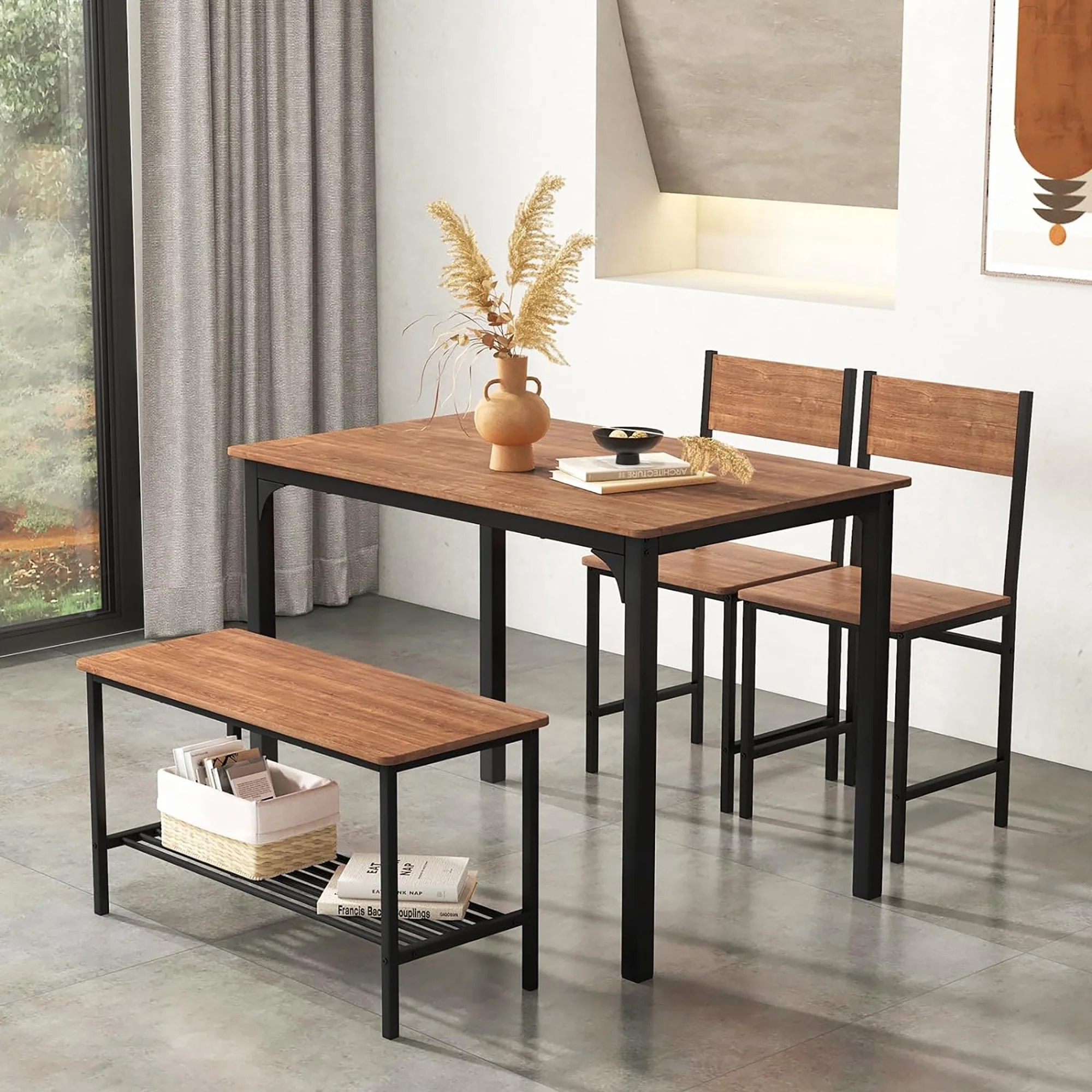 Gymax 4pcs Dining Table Set Rustic Desk 2 Chairs & Bench w/ Storage Rack Grey